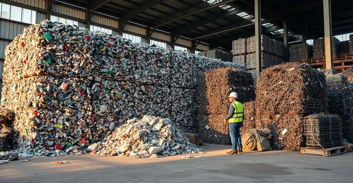 Baled plastic and metal waste at an Indian recycling facility that generates EPR credits
