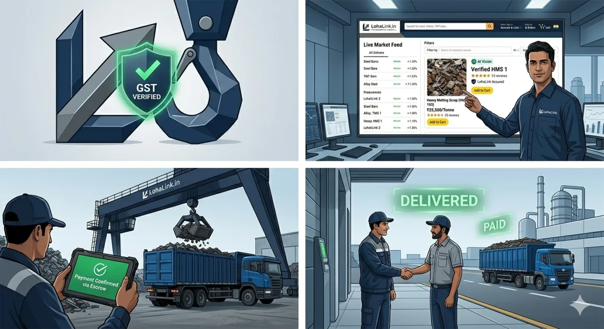 Four-panel illustration showing LohaLink's verification, marketplace, escrow payment, and delivery workflow